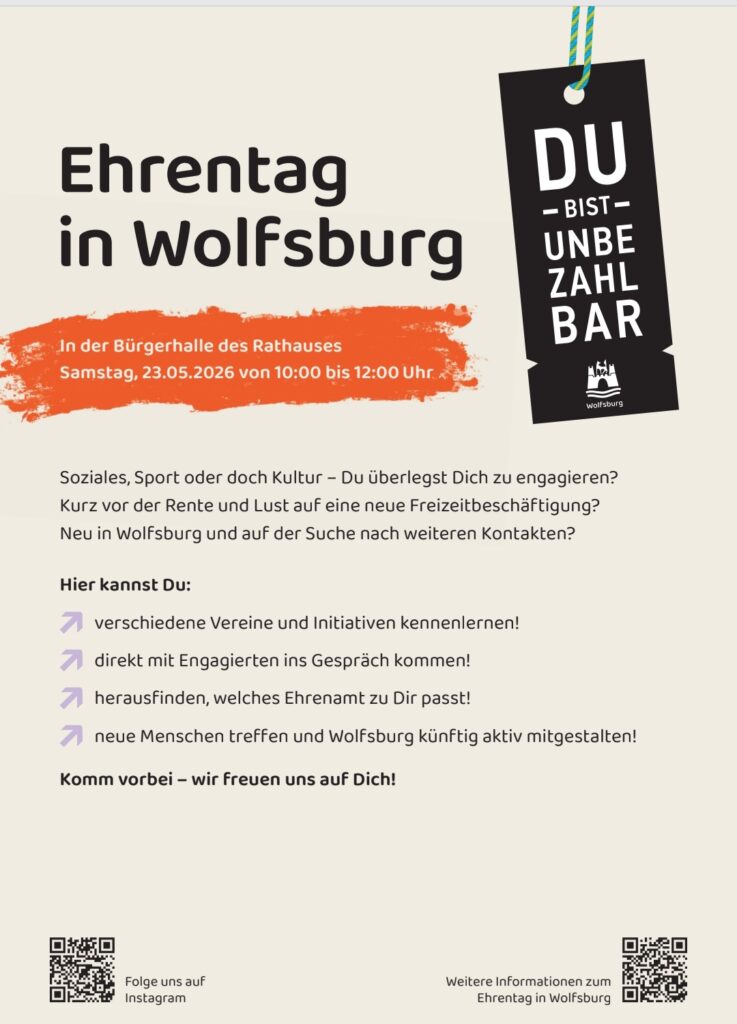 Event flyer with bold text Ehrentag in Wolfsburg and Du bist unbezahlbar. Details include date, time, venue, and ways to get involved in volunteer activities. Design features icons and playful arrows.